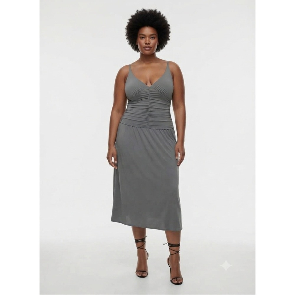 NWT Aritzia TEN Entrance Dress XL Coal Grey Ruched Midi V-Neck Event Cocktail